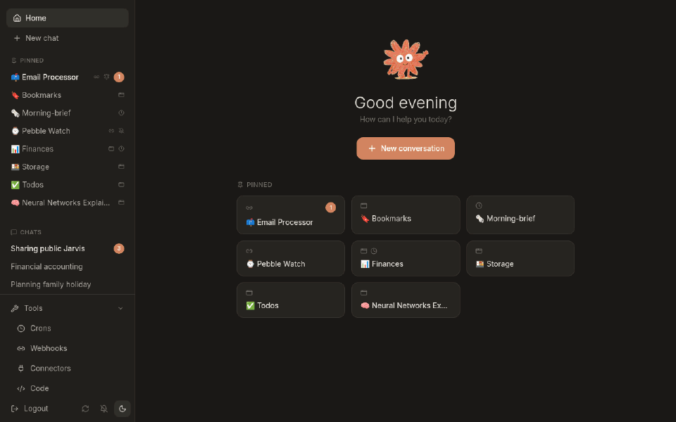 A tour of Jarvis: home, chat, generated apps, the git diff view, connectors and crons