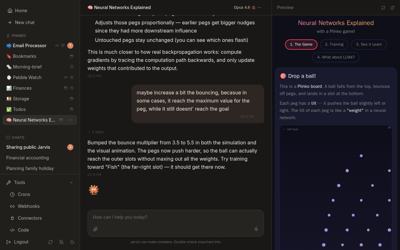 Split view: the chat on the left, a generated app on the right